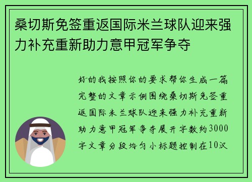 桑切斯免签重返国际米兰球队迎来强力补充重新助力意甲冠军争夺