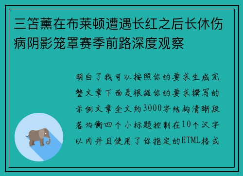 三笘薰在布莱顿遭遇长红之后长休伤病阴影笼罩赛季前路深度观察 三笘薰在布莱顿遭遇长红之后长休伤病阴影笼罩赛季前路深度观察