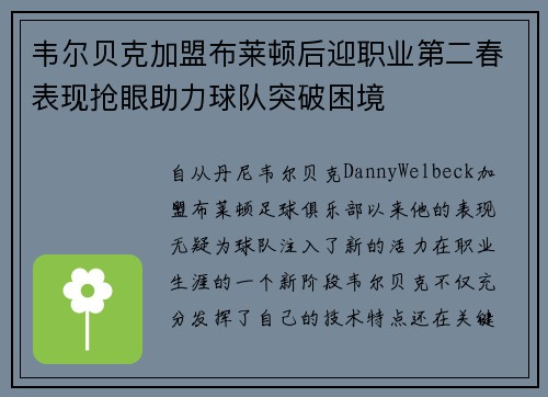 韦尔贝克加盟布莱顿后迎职业第二春表现抢眼助力球队突破困境 韦尔贝克加盟布莱顿后迎职业第二春表现抢眼助力球队突破困境